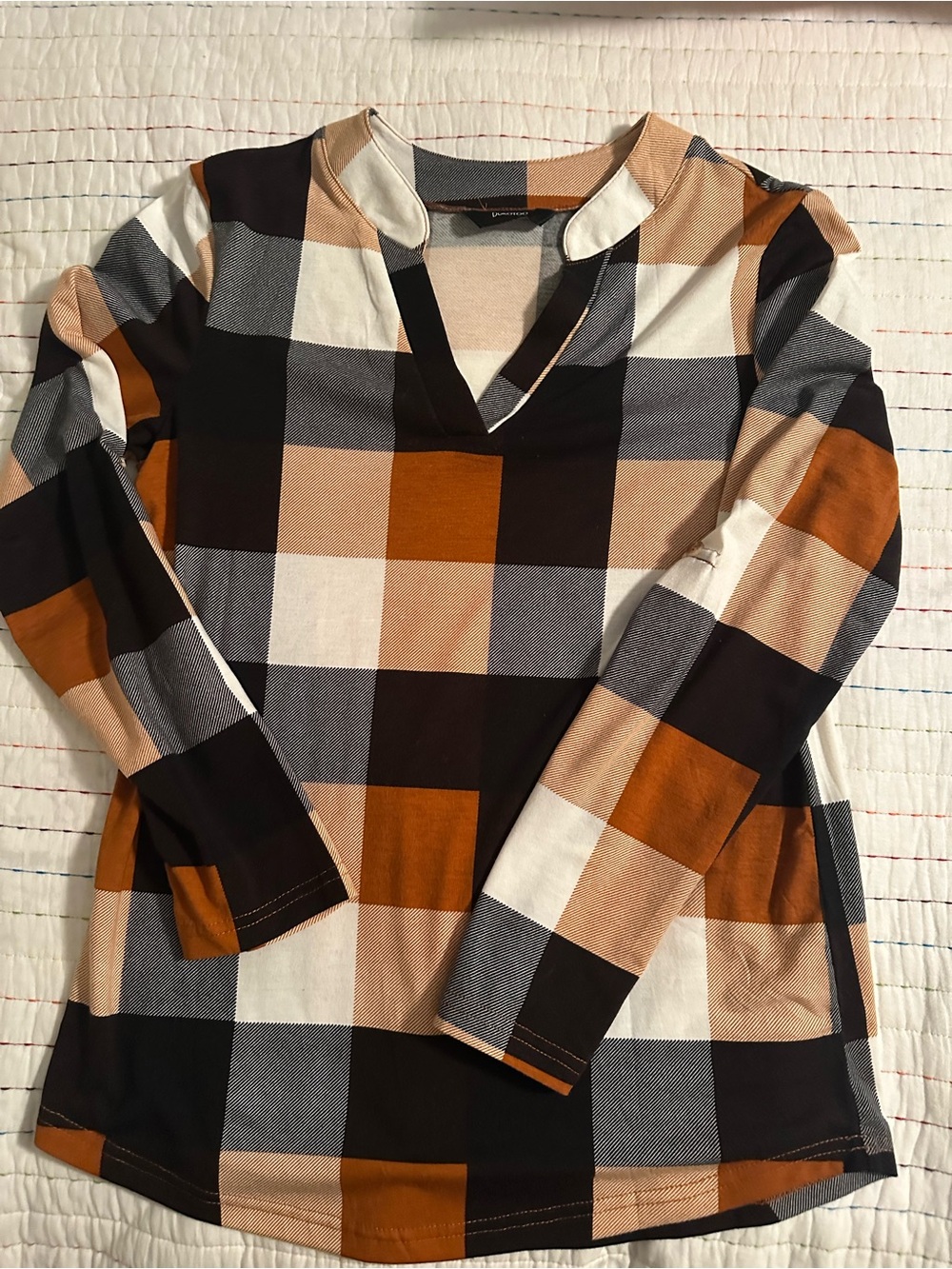 Girls' Plaid V-Neck Long Sleeve Top - Brown & Cream